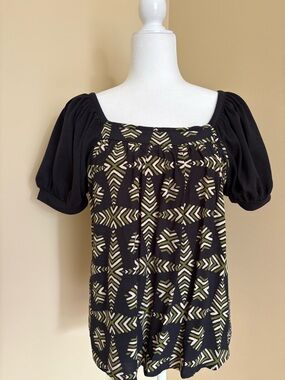 Anthropologie Black Geometric Puff-Sleeve Blouse